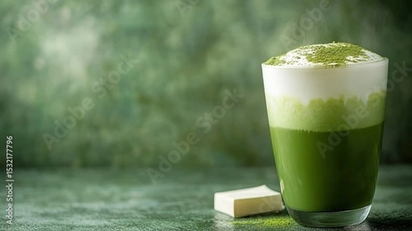 Fototapeta Matcha latte in ceramic cup with milk foam on green background, soft lighting casting subtle shadows, minimalist composition with decorative paper square and dark green wall for beverage menus, cafe p