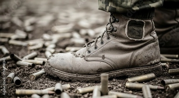 Fototapeta Military boot on the ground with scattered bullet casings, war concept.