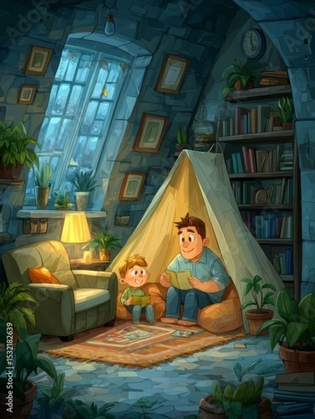 Fototapeta Heartwarming Cartoon Fathers Day Card Design Featuring Father and Child in Cozy Setting