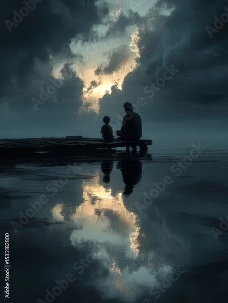Fototapeta Serene Moment Between Father and Child at Dusk by the Water Reflection