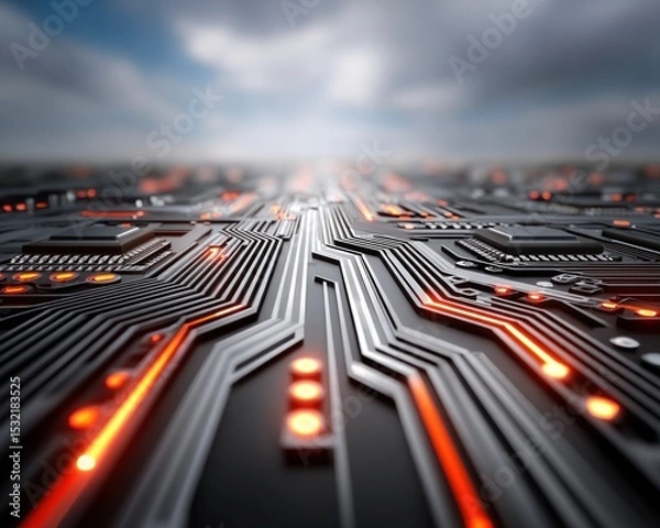 Obraz Abstract Circuit Board Illuminated Pathways and Processors Close up view of a futuristic electronic circuit board with