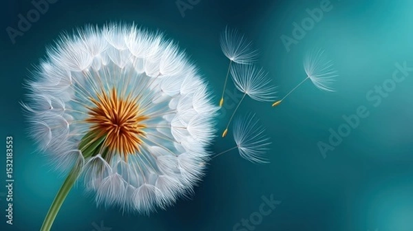 Obraz Dandelion seed head with seeds dispersing against a teal background Close up view of a delicate flower