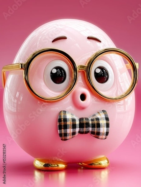 Fototapeta Charming 3D Clay Character with Oversized Glasses and Bow Tie on a Bright Pink Background