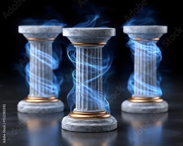 Obraz Three marble columns with blue smoke swirls Classical architectural elements