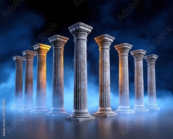 Obraz Eight Classical Stone Columns in Misty Night Setting Architecture Pillars