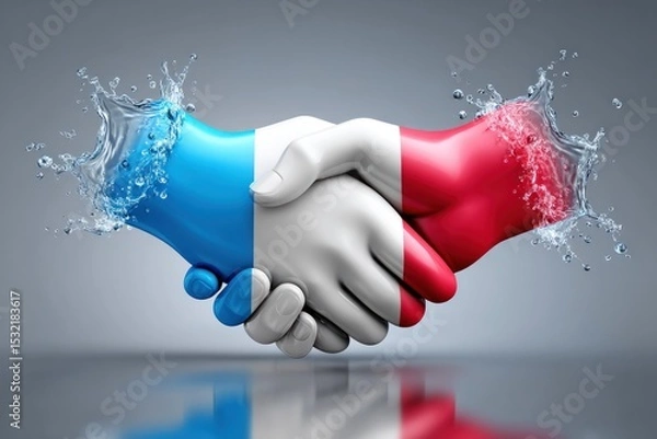 Obraz French and white handshake with water splash 3D rendering of clasped hands French flag colors water droplets