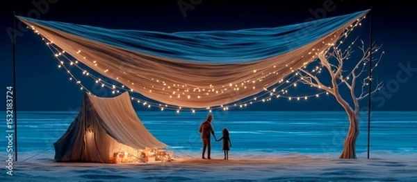 Fototapeta Family Picnic Scene with Father and Daughter Under Beautiful 3D Clay Tent at Night