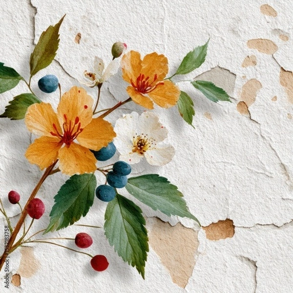 Obraz Watercolor floral arrangement Orange and white blossoms with berries against a distressed white background