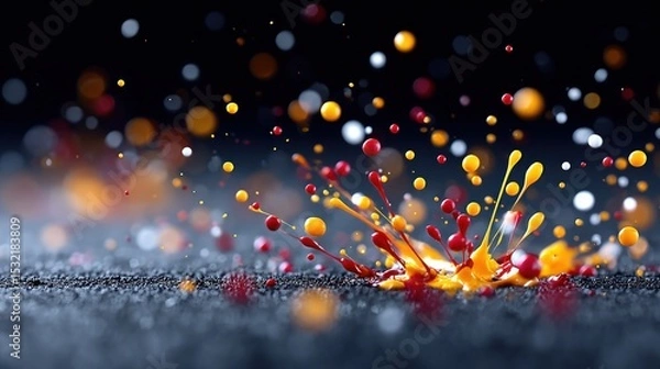 Obraz Red and yellow paint splash explosion on dark surface vibrant color droplets in motion