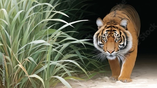 Obraz Tiger walking towards the camera in tall grass A majestic tiger approaches from the shadows