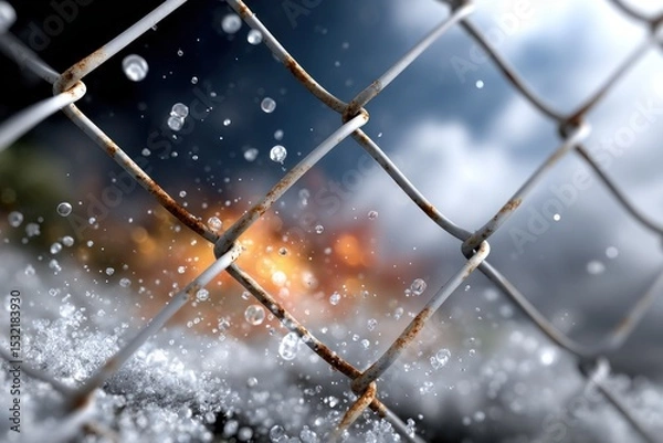 Obraz Rusty chain link fence with water droplets blurred fiery background fire