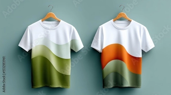 Obraz Two white t shirts with abstract green and orange wave designs hanging on wooden hangers against a teal background