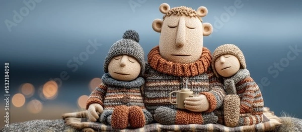 Fototapeta Charming 3D Clay Figurines of Dad Cuddling Kids on a Cozy Picnic Blanket