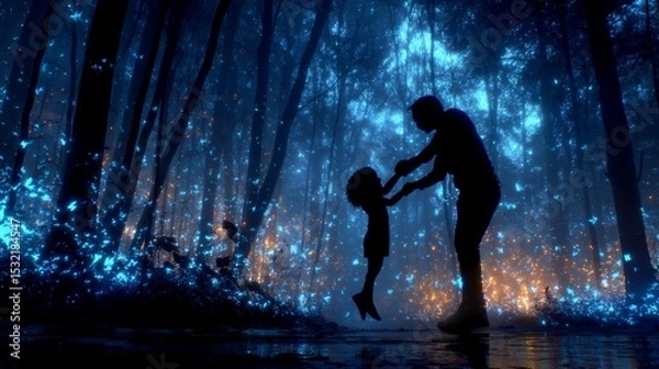 Fototapeta Enchanted Forest Scene of Father and Child Exploring Magical Illumination Together