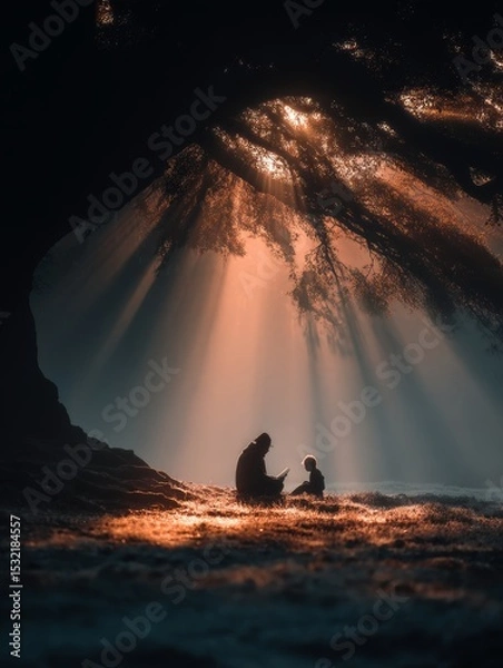 Fototapeta Heartwarming Scene of Dad and Child Under Tree on Fathers Day in Soft Evening Light