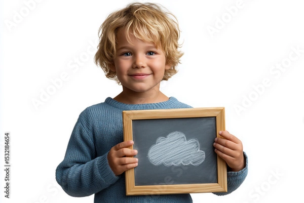 Fototapeta Child proudly displaying a chalkboard drawing of a cloud against a white background