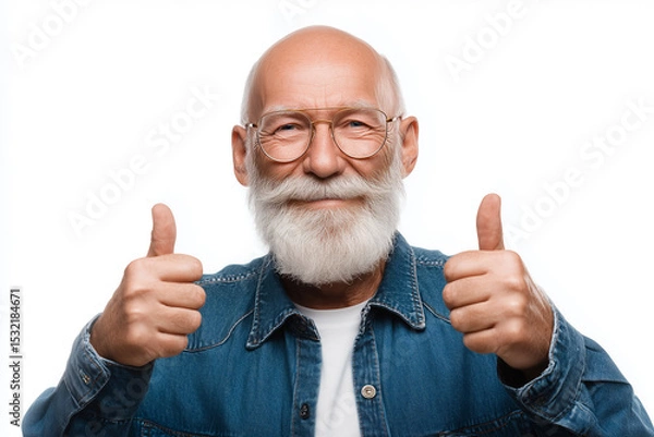 Fototapeta Happy elderly man with thumbs up expressing joy against a white background