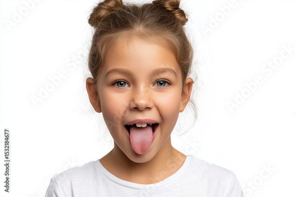 Fototapeta Young girl enthusiastically sticking out her tongue and making a silly face against a white background