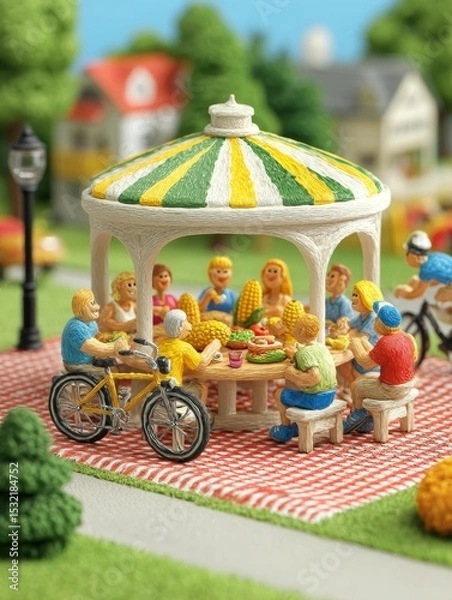 Fototapeta Vibrant 3D Clay Picnic Scene with Family Enjoying Corn on a Sunny Day