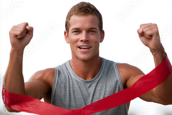 Fototapeta Man joyfully crosses finish line with victory ribbon wrapped around chest on a sunny day