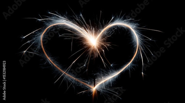 Fototapeta Neon sparkler light trace creating a heart shape over a white background