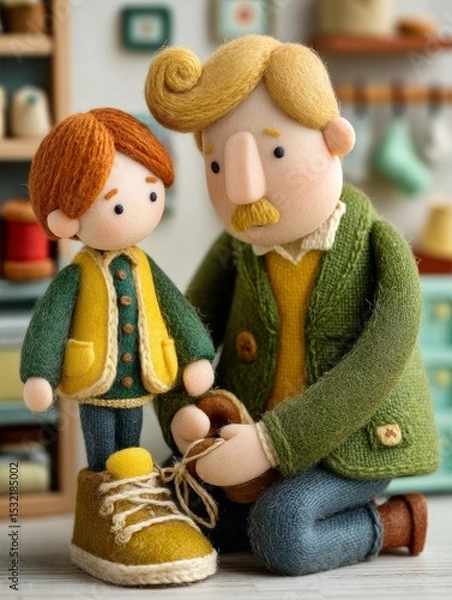 Fototapeta Father Tying Child's Shoes in Playful 3D Clay Art Scene at Home