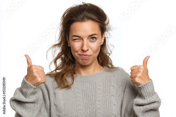 Fototapeta Woman smiling and winking while giving thumbs up, expressing positivity and confidence with a playful vibe