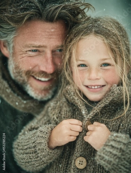 Fototapeta Heartwarming Portrait of a Father and Daughter Enjoying a Snowy Day Together