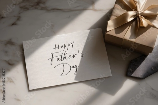 Fototapeta Father's Day Greeting Card Mockup with Gift Box and Tie on Marble Surface