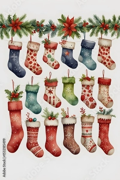 Fototapeta Advent calendar-style stockings for counting down to christmas in watercolor style