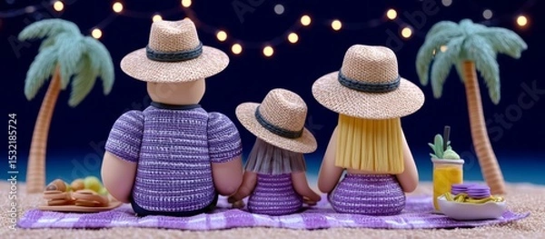 Fototapeta Family Picnic at Night with Glowing Decorations in 3D Clay Art Scene