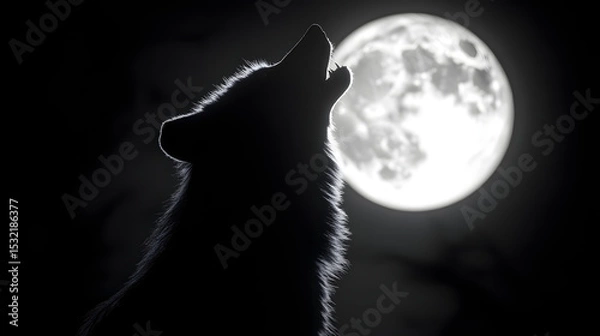 Obraz  Silhouette of a wolf howling at a bright full moon against a dark night sky, evoking primal nature and mystery.