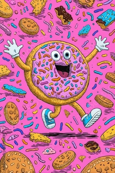 Fototapeta Animated Donut Breakdancing with Candy Sprinkles and Cheering Cookies