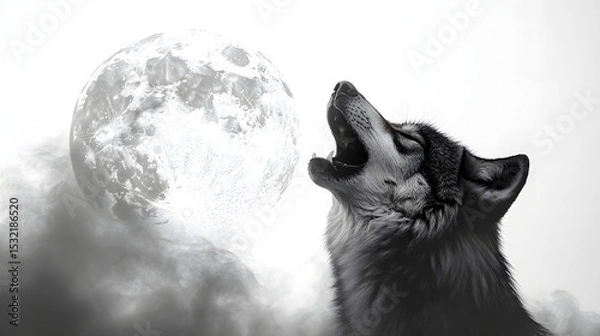 Obraz  Majestic wolf howls at a bright full moon against a cloudy sky, evoking a sense of wildness and primal instinct in nature's dramatic display
