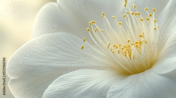 Fototapeta Close-up of ivory camellia highlighting delicate petals and soft texture on pure white background, serene floral beauty with natural lighting for luxury packaging, wedding invitations, skincare ads or