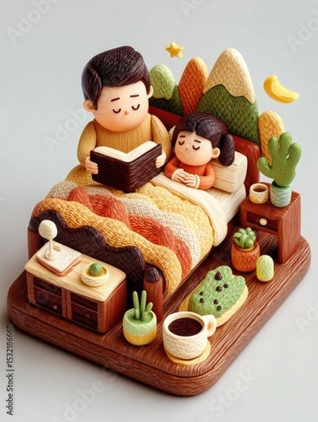 Fototapeta Charming 3D Clay Scene of Dad Reading Bedtime Story to Child in Cozy Bedroom Setting