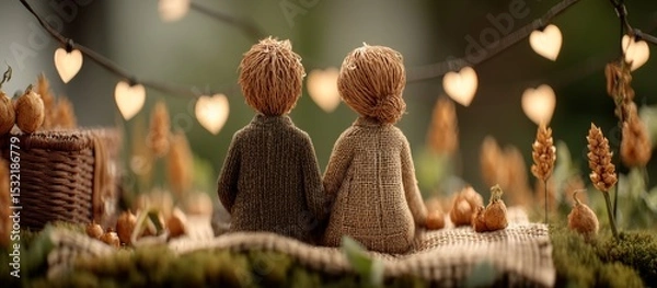 Fototapeta Romantic Nighttime Picnic with 3D Clay Figures Surrounded by Glowing Decor