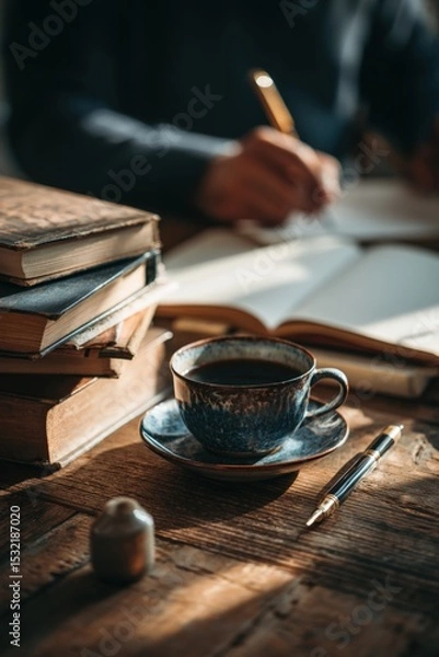 Fototapeta Cozy Morning Scene of Journaling with Coffee and Books