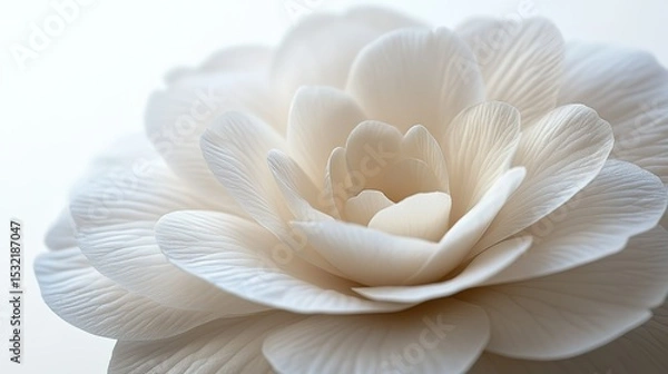 Fototapeta Close-up of ivory camellia highlighting delicate petals and soft texture on pure white background, serene floral beauty with natural lighting for luxury packaging, wedding invitations, skincare ads or