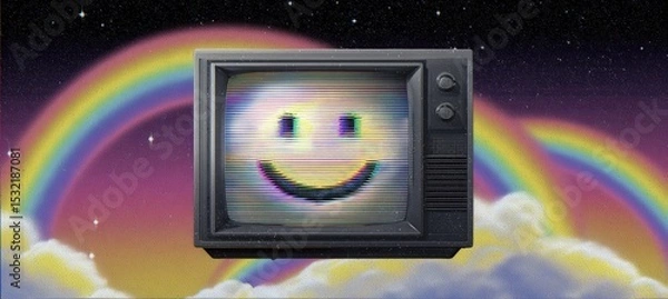Fototapeta Retro CRT Screen with Pixel Smiley and Rainbow Glitch in Space