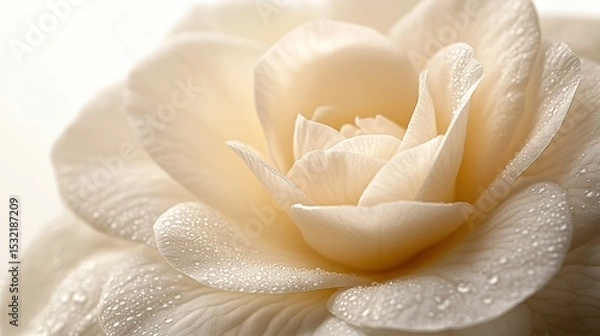 Fototapeta Close-up of ivory camellia highlighting delicate petals and soft texture on pure white background, serene floral beauty with natural lighting for luxury packaging, wedding invitations, skincare ads or