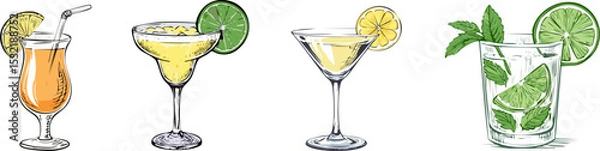 Obraz Variety of colorful cocktails with a lemon and lime garnish