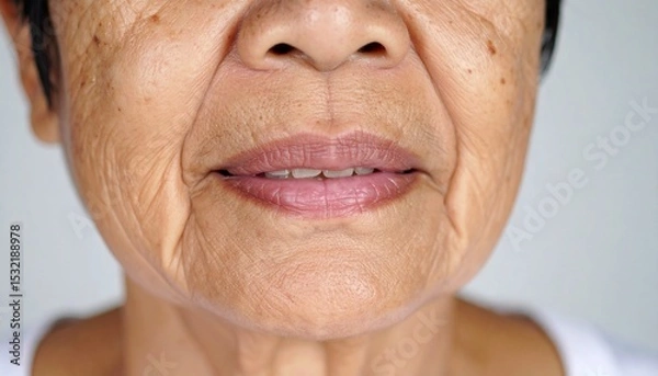 Obraz 高齢の日本人女性の口元アップ – シワ・たるみ・加齢肌のディテール	