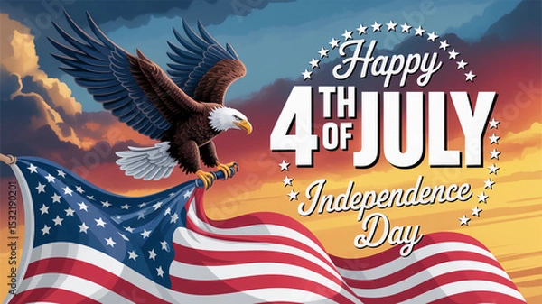 Fototapeta Happy fourth of july independence day celebration with american flag and bald eagle illustration design