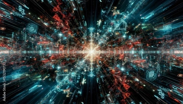 Fototapeta Abstract digital art depicting a burst of light with vibrant blue and red lines radiating outward. The scene conveys a sense of energy and movement.