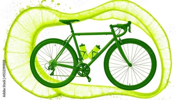 Fototapeta A green bicycle is surrounded by a vibrant lime slice. The bike features two water bottles and a sleek design, emphasizing eco-friendly transportation.