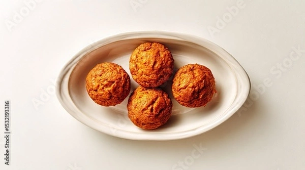 Fototapeta Top view of rustic round ceramic dish with freshly baked carrot muffins in parchment paper on empty white surface, sharp focus, simple captivating composition for stock photo.