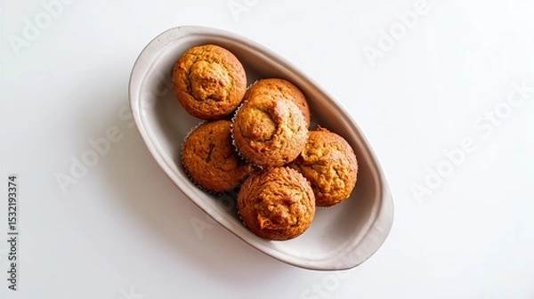 Fototapeta Top view of rustic round ceramic dish with freshly baked carrot muffins in parchment paper on empty white surface, sharp focus, simple captivating composition for stock photo.
