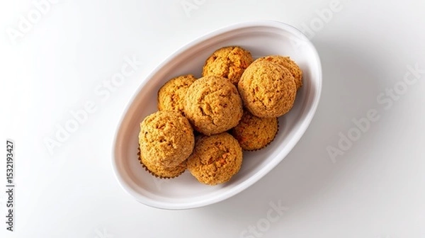 Fototapeta Top view of rustic round ceramic dish with freshly baked carrot muffins in parchment paper on empty white surface, sharp focus, simple captivating composition for stock photo.