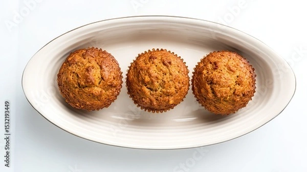 Fototapeta Top view of rustic round ceramic dish with freshly baked carrot muffins in parchment paper on empty white surface, sharp focus, simple captivating composition for stock photo.